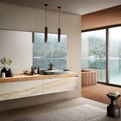 Mobile da Bagno sospeso Bathroom 1118 in vetro finitura effetto marmo con top in legno di Rovere di Lago