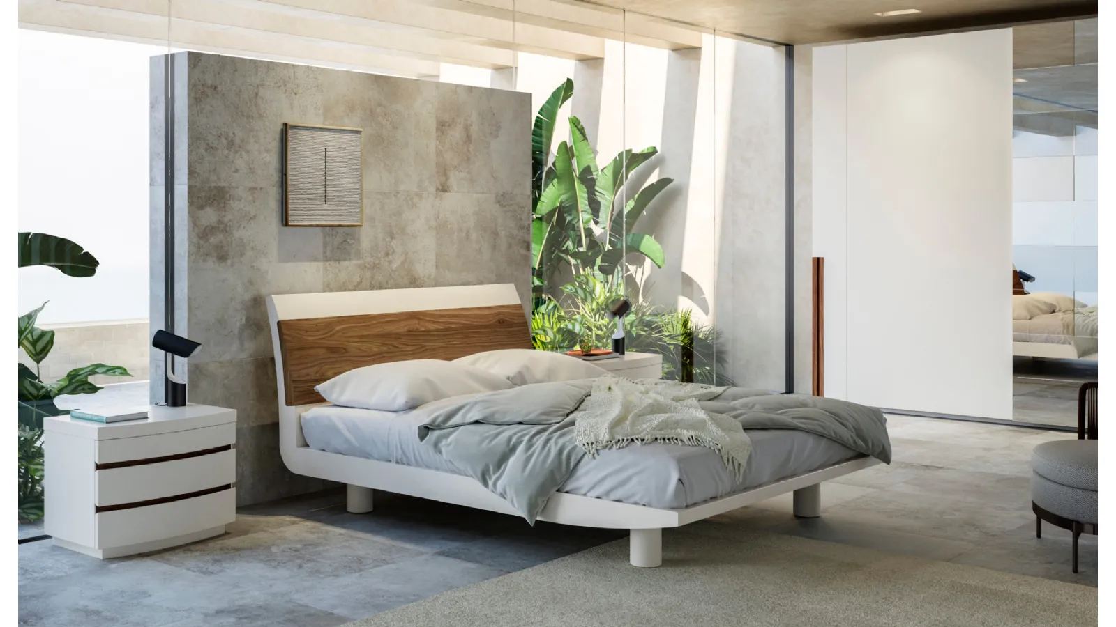 Letto in legno laccato bianco e testiera con inserto in frassino naturale Lekurve di Fazzini