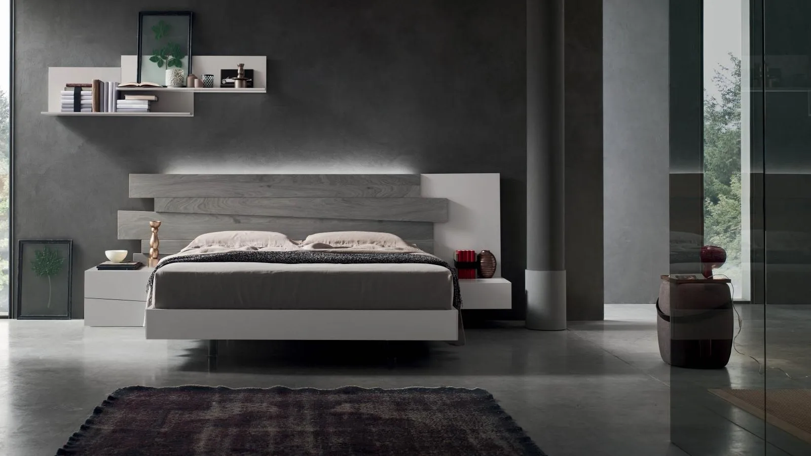 Letto Scudo giroletto melaminico con testiera boiserie di doghe in Rovere di Maronese Acf