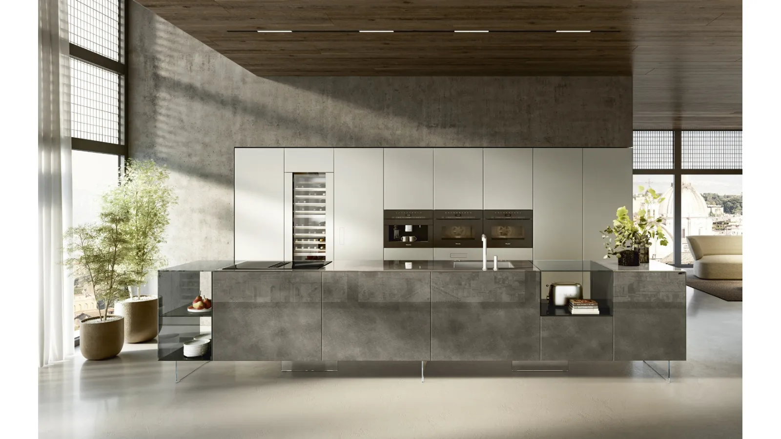 Cucina Design con isola 36e8 Project 2812 in vetro di Lago