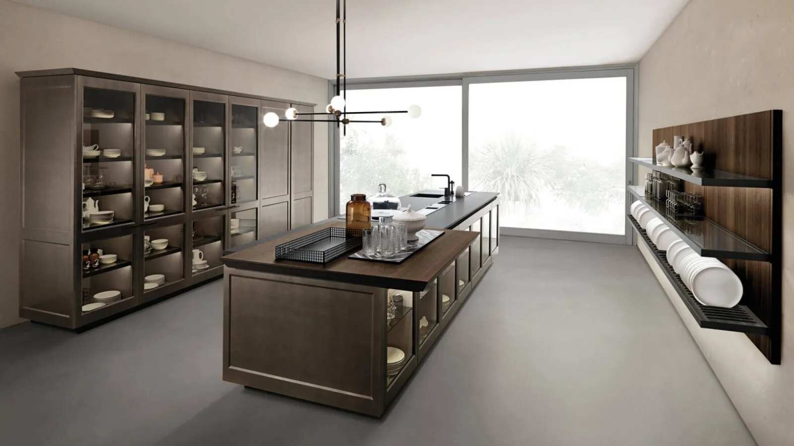 Cucina Design Filò Project 1 con isola in laccato opaco ossidato e vetro di Euromobil