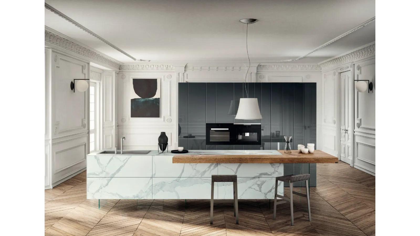 Cucina Design con isola 36e8 Marble XGlass 1087 in vetro effetto marmo e legno di Lago