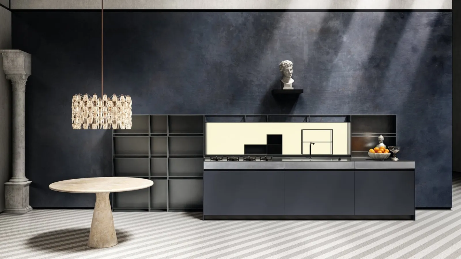 Cucina Design lineare Sei Project 5 in laminato Fenix blu con top in acciaio inox invecchiato di Euromobil