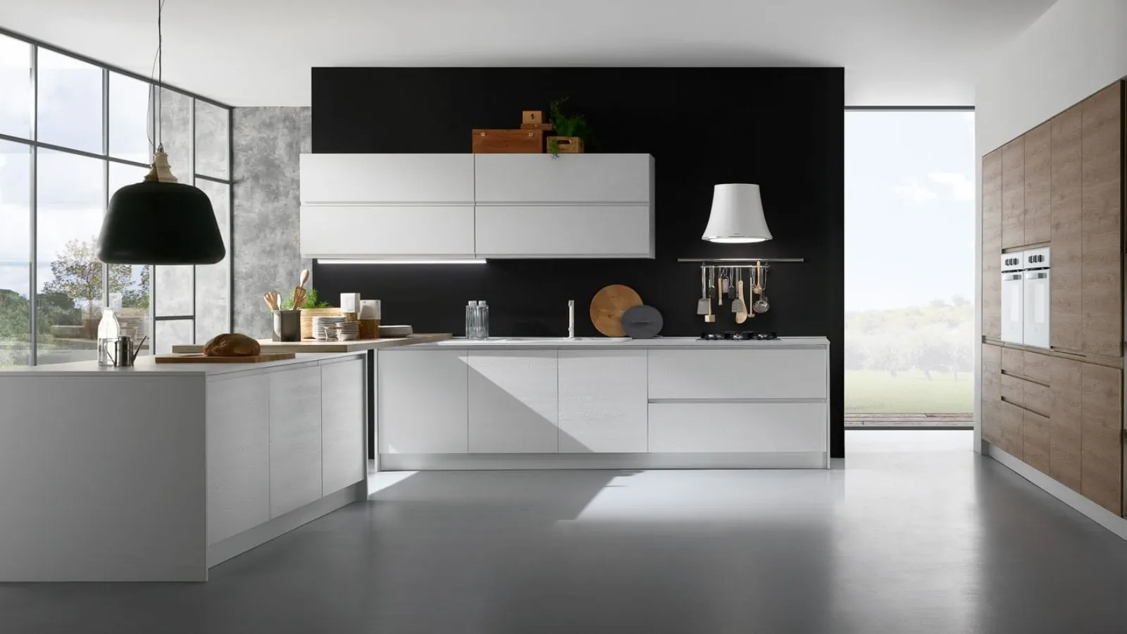 Cucina Moderna Luna finitura Frassino Bianco e Noce Naturale con penisola di Mobilturi