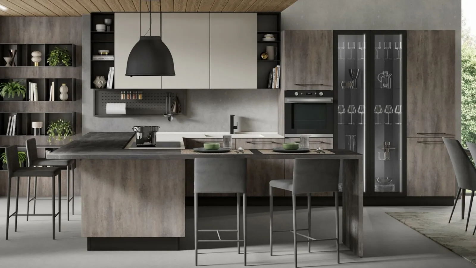 Cucina Moderna con penisola Nevada finitura ossido grigio e seta bianco opaco di Mobilturi