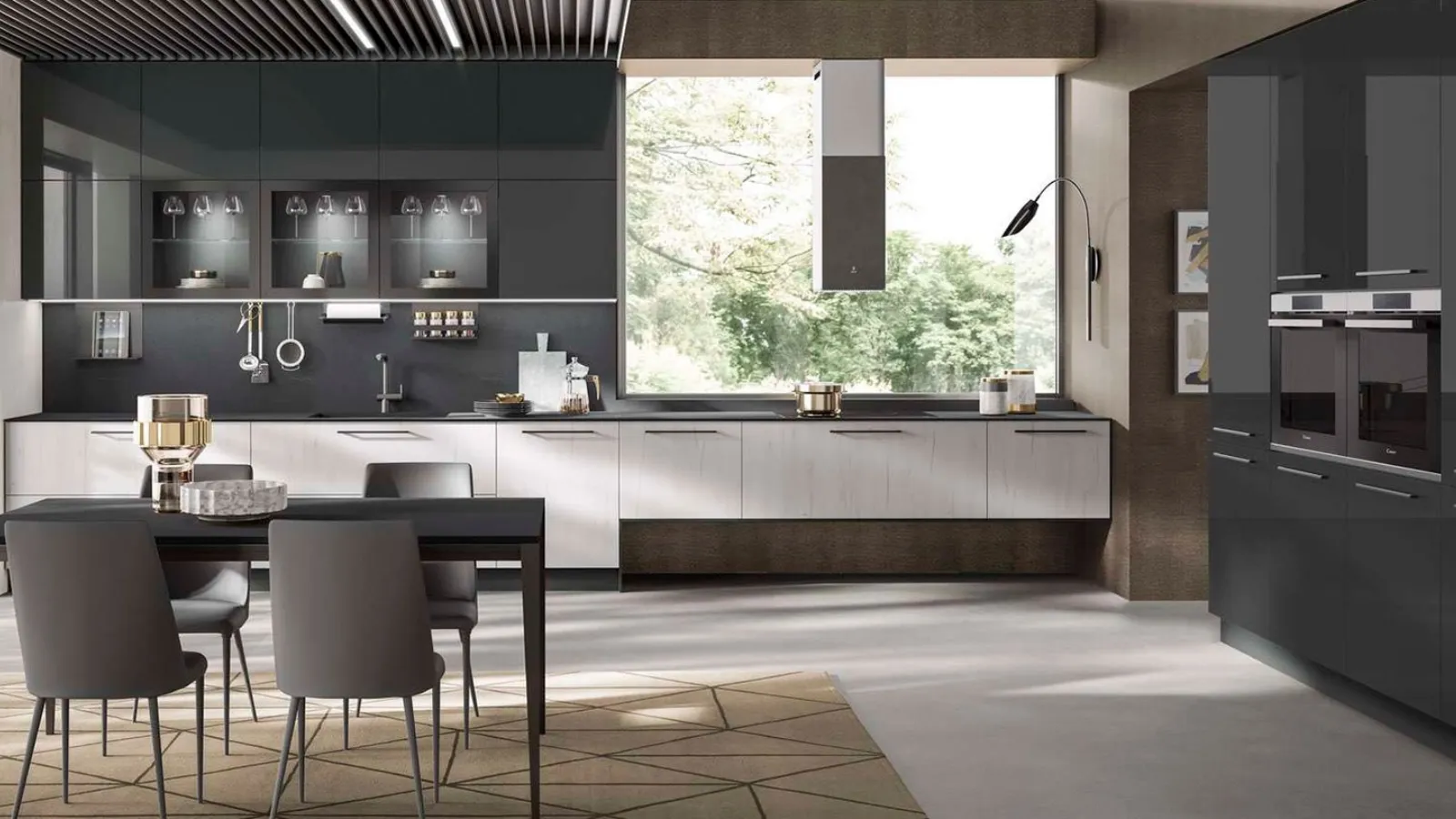 Cucina Moderna ad angolo Nevada in melaminico Rovere Ghiaccio e Pet finitura Antracite lucido di Mobilturi