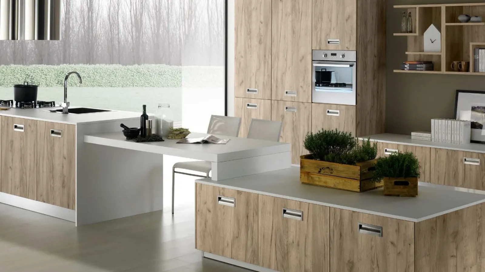 Cucina Moderna con isola Nevada in melaminico Rovere Grigio e laminato Bianco Pietra di Mobilturi