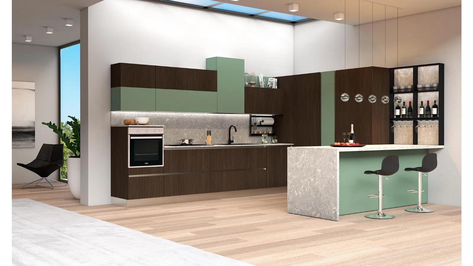 Cucina Moderna con penisola Pop finitura Fumo Rigato e Verde Muschio opaco di Mobilturi